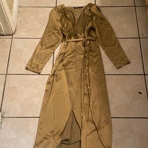 Zara Satin Wrap Dress in Mustard Gold